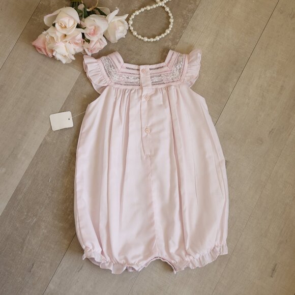 New Pink Heirloom Romper with Flutter Sleeves and Lace Inlay 9 Months Boutique - Picture 2 of 4